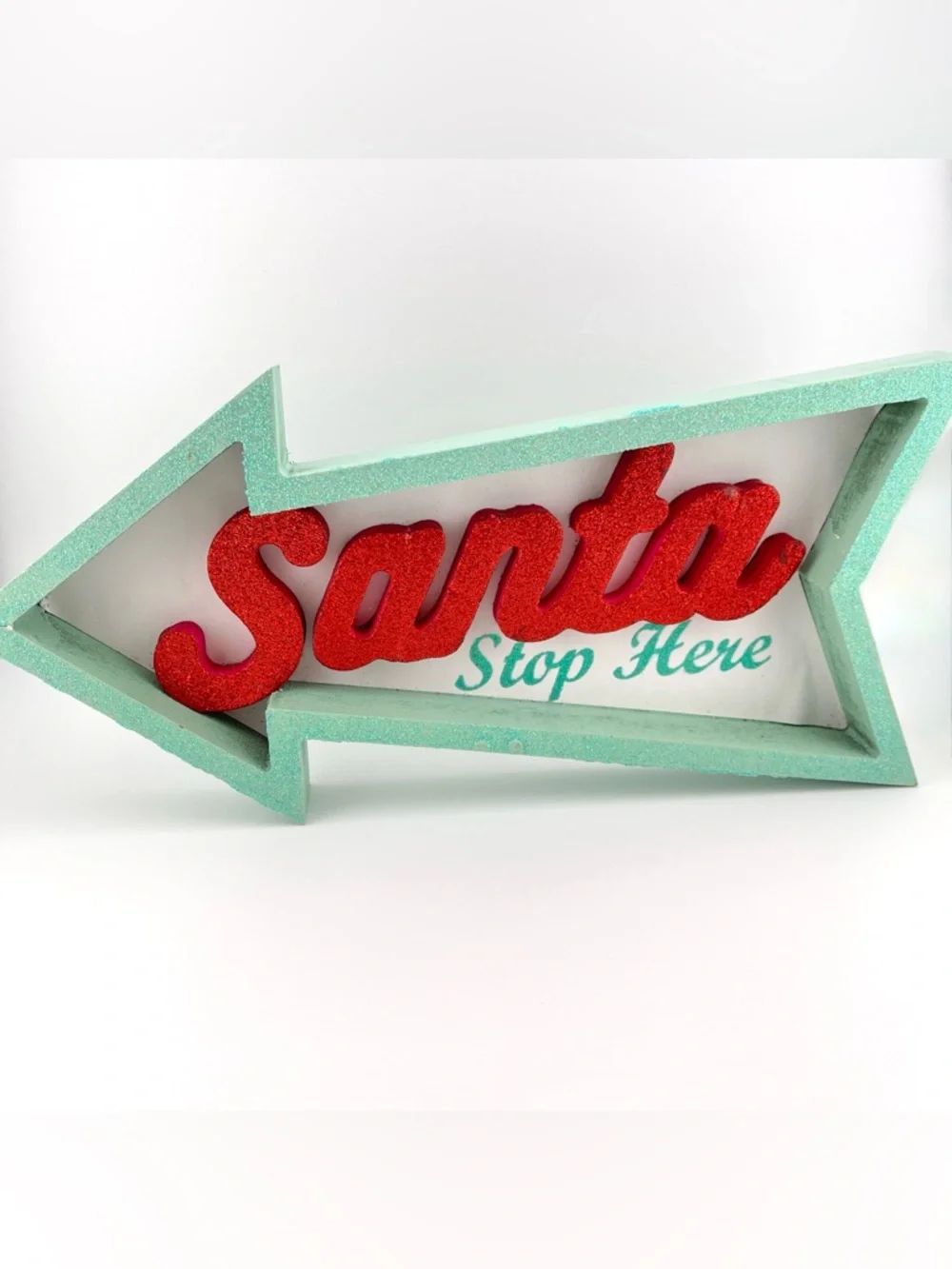 Santa Stop Here Glitter Christmas Sign Red and Mint Green Holiday Wall Decor
